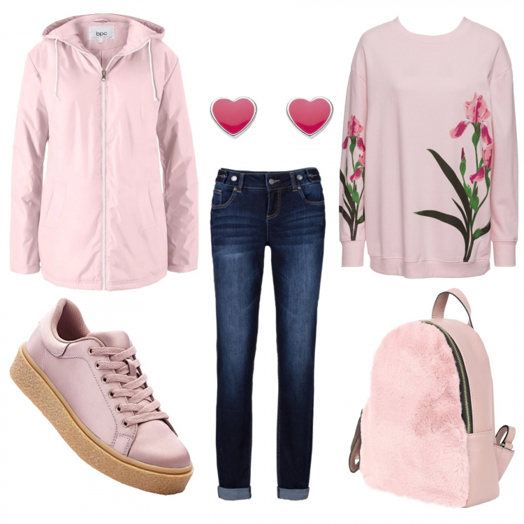 Outfit donna - Pink. Stile Basic per Scuola/Università. Abbinamento con jeans boyfriend, felpa fantasia floreale in pile rosa, vestiti, sneakers con plateau, borsa, orecchini a perno argento e rosa.