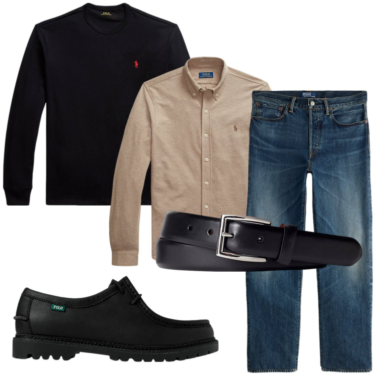 Outfit uomo - Total look #2257503. Stile Casual per Ufficio. Abbinamento con cinture, scarpe stringate, camicie, t-shirt, jeans dritti.