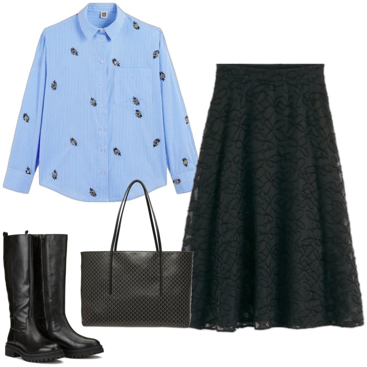 Outfit mujer - Glamour #8266. Estilo Glamour para Todos los días. Combinación con faldas, botas, camisas, bolso tote.