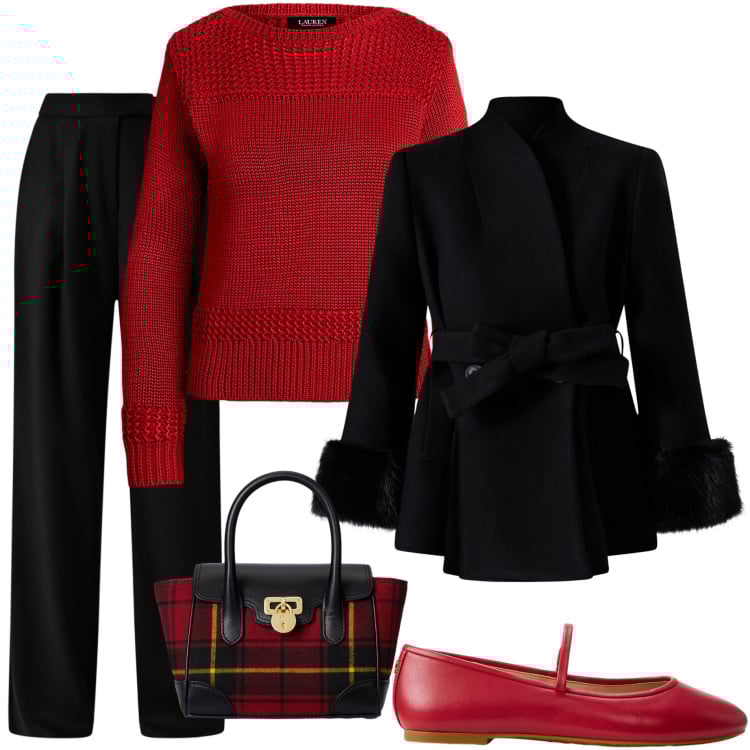 Outfit donna - Autunno in rosso. Stile Casual chic per Serata fuori. Abbinamento con cappotti, pantaloni, maglieria, ballerine, borse a mano.