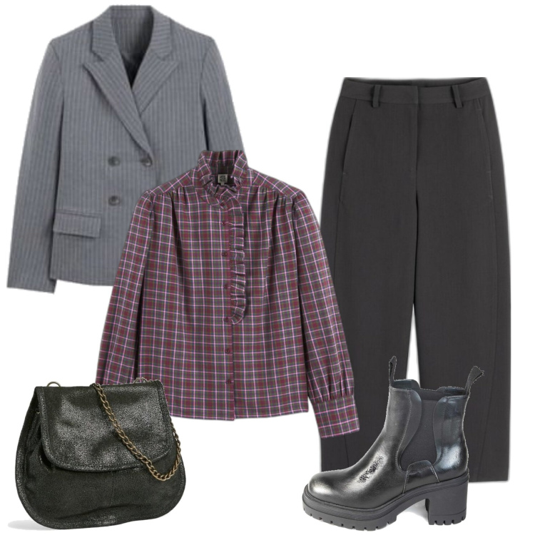 Outfit mujer - Casual #10995. Estilo Casual para Todos los días. Combinación con blazers, pantalones, botines, camisas, bolsos de mano.