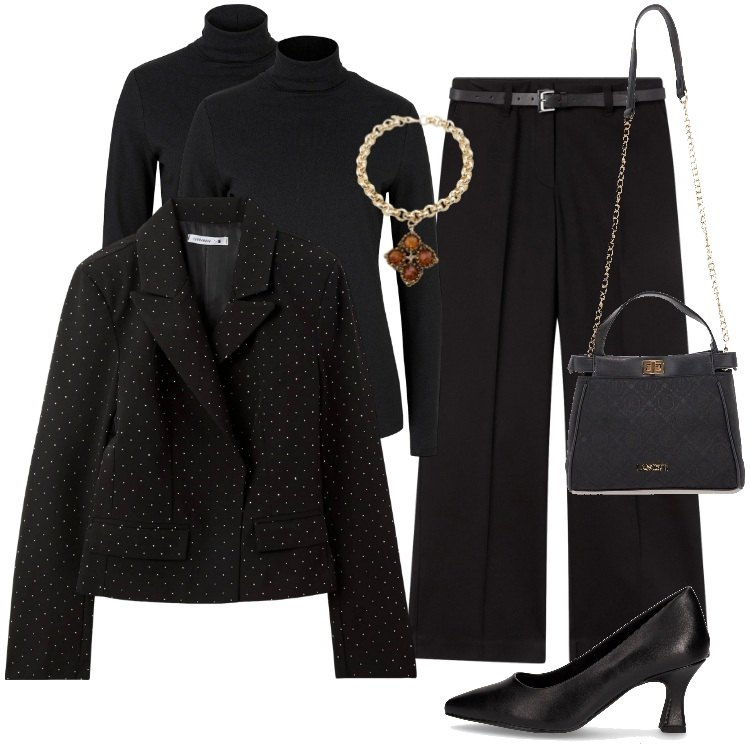 Outfit donna - Total look #2257511. Stile Casual chic per Serata fuori. Abbinamento con maglieria, blazer, pantaloni, collane, borse a tracolla, décolleté.