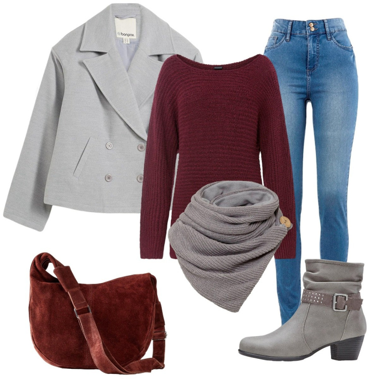 Outfit donna - Eleganza Metropolitana. Stile Casual chic per Tutti i giorni. Abbinamento con jeans slim fit, stivaletti, foulard, maglieria, caban, borse a mano.