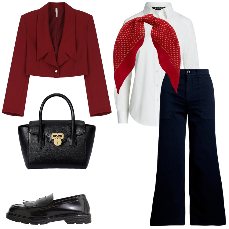 Outfit donna - Total look #2257517. Stile Bon Ton per Ufficio. Abbinamento con blazer, mocassini, camicie, borse a mano, foulard, pantaloni.