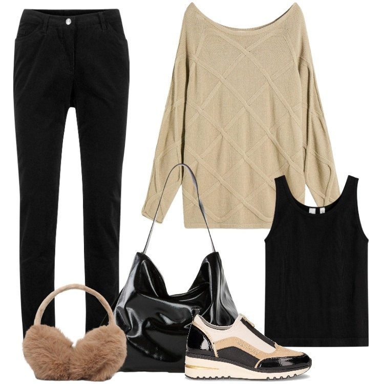 Outfit donna - Total look #2257518. Stile Trendy per Tutti i giorni. Abbinamento con pantaloni, maglieria, shopping bag, top, cappelli, sneakers alte.