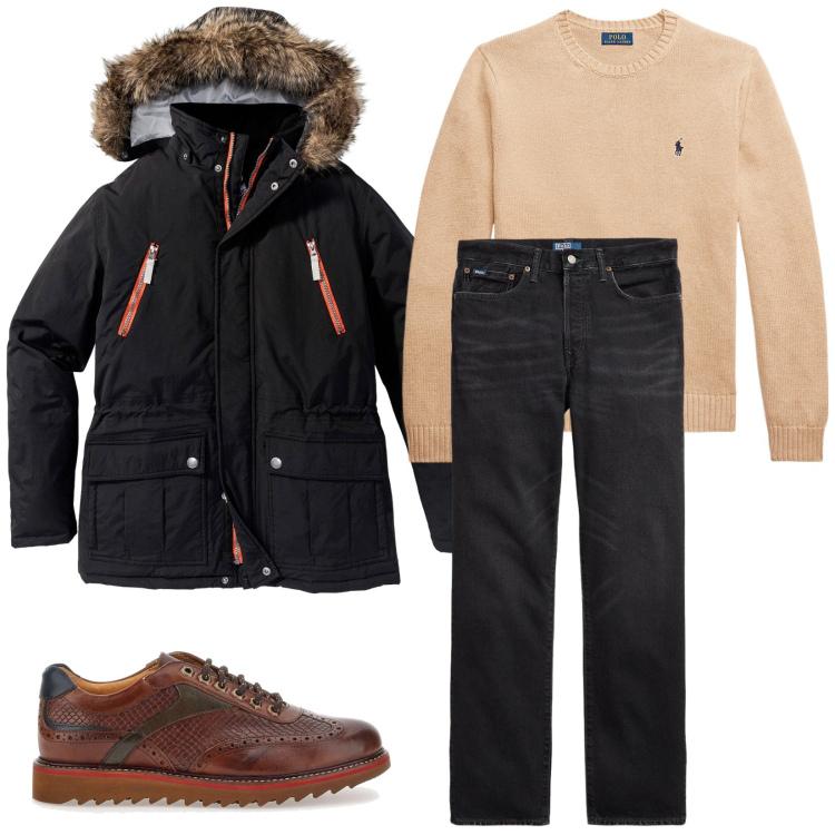 Outfit uomo - Total look #2257519. Stile Casual per Tutti i giorni. Abbinamento con parka, maglieria, jeans dritti, scarpe stringate.