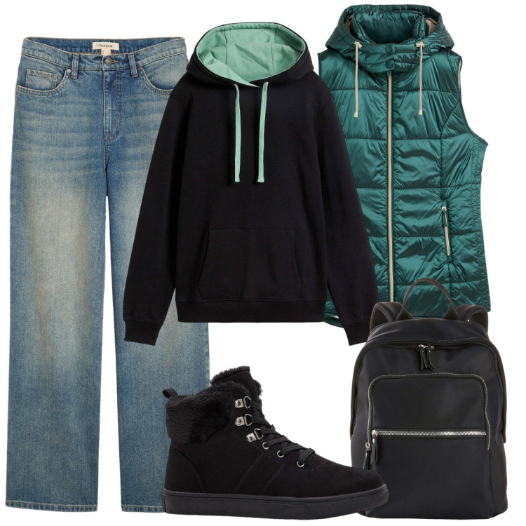 Outfit donna - Weekend in Stile Naturale. Stile Casual per Tutti i giorni. Abbinamento con gilet, zaini, sneakers alte, felpe con cappuccio, jeans.