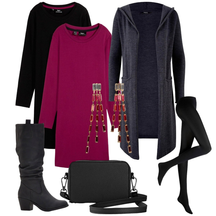 Outfit donna - Romanticismo d’Autunno. Stile Basic per Serata fuori. Abbinamento con collant, borse a tracolla, cardigans, stivali, orecchini, vestiti.