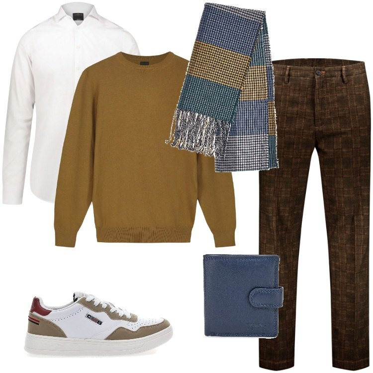 Outfit uomo - Total look #2257525. Stile Urban per Ufficio. Abbinamento con maglieria, camicie, pantaloni, portafogli, sciarpe, sneakers.