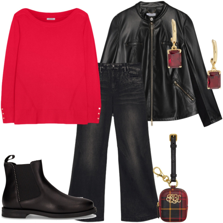Outfit donna - Autunno in rosso. Stile Casual chic per Tutti i giorni. Abbinamento con pochette, orecchini, jeans, giacche, stivaletti chelsea, maglieria.