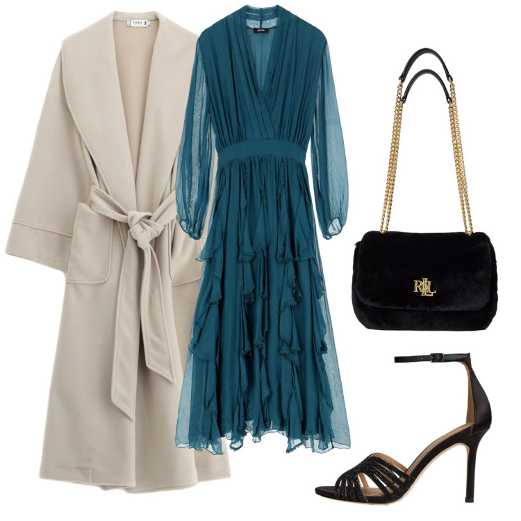 Outfit donna - Ottobre in ottanio. Stile Bon Ton per Cerimonia. Abbinamento con cappotti, vestiti midi/longuette, sandali gioiello, borse a spalla.
