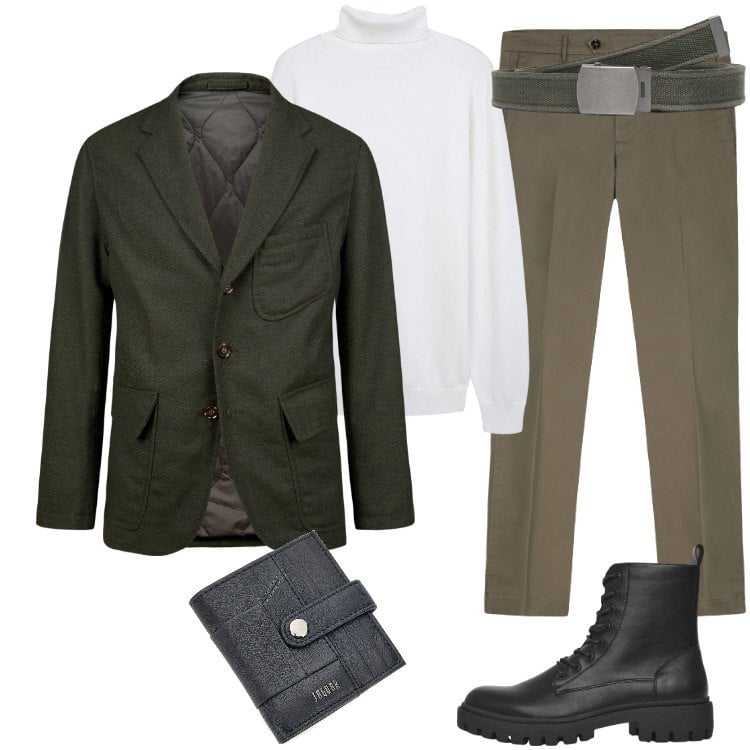 Outfit uomo - Total look #2257529. Stile Urban per Ufficio. Abbinamento con cinture, anfibi, maglieria, giacche, portafogli, pantaloni chino.
