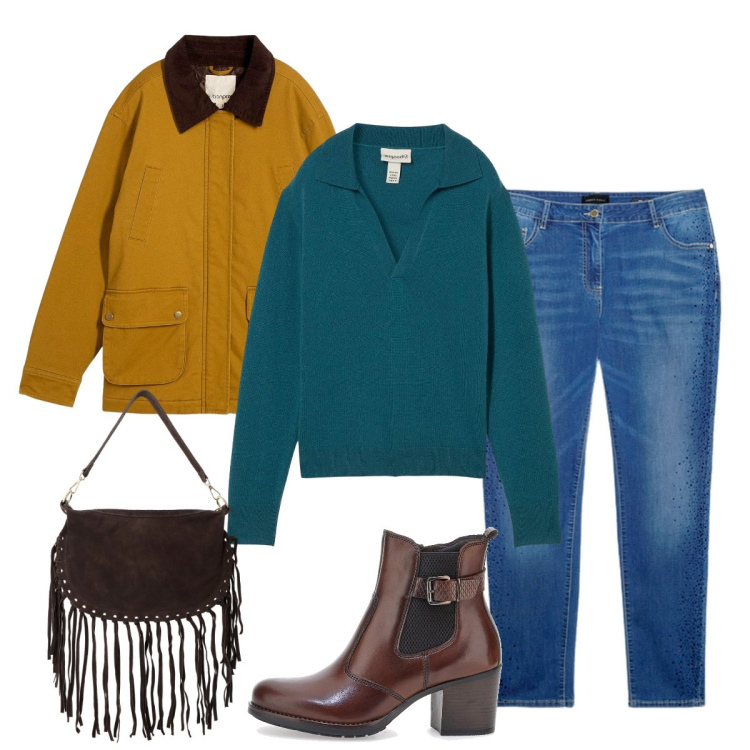Outfit donna - Ottanio di Giorno. Stile Casual per Tutti i giorni. Abbinamento con parka, maglieria, borse a tracolla, stivaletti, jeans skinny.