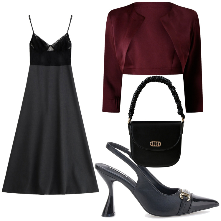 Outfit donna - Invito ad un evento. Stile Glamour per Serata fuori. Abbinamento con bolero, borse a mano, vestiti lunghi, décolleté.