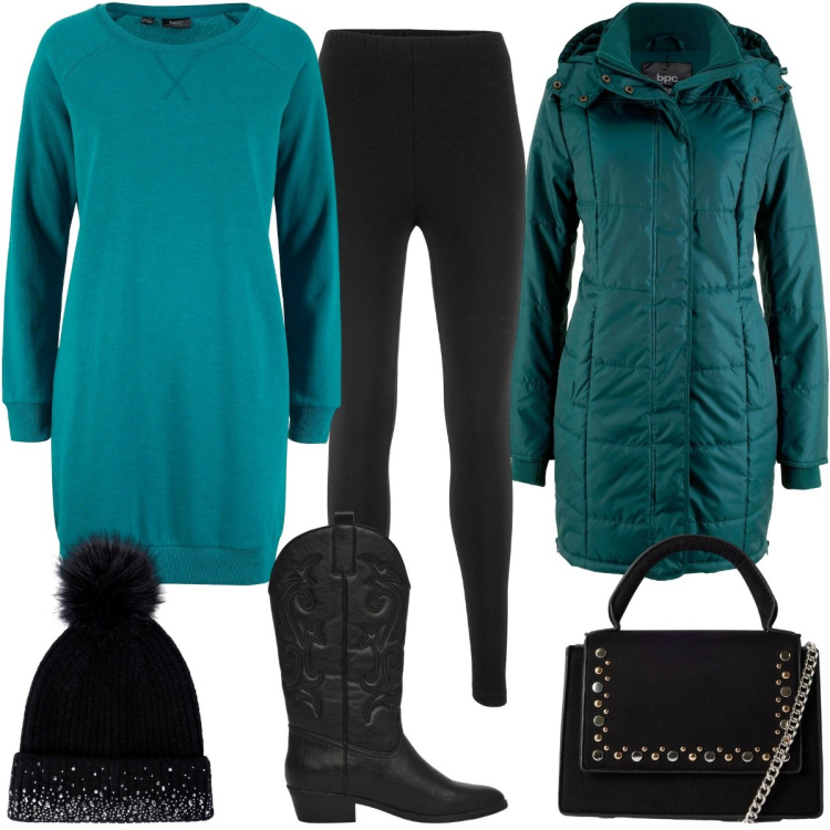 Outfit donna - Total look #2257533. Stile Basic per Tutti i giorni. Abbinamento con vestiti, leggings, giacche, borse a tracolla, berretti, stivaletti texani.
