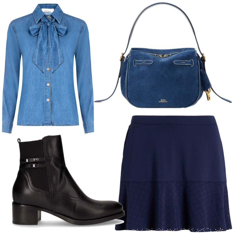 Outfit donna - La camicia di jeans. Stile Casual per Tutti i giorni. Abbinamento con camicie, borse a mano, minigonne, stivaletti.