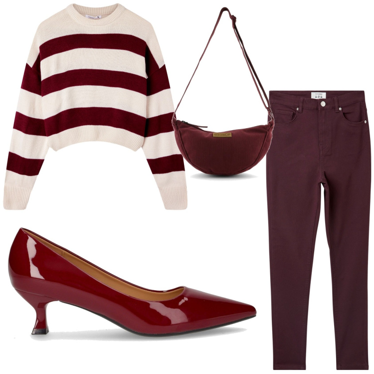 Outfit donna - Bordeaux e prugna. Stile Casual chic per Tutti i giorni. Abbinamento con maglieria, pantaloni skinny, borse a tracolla, décolleté.