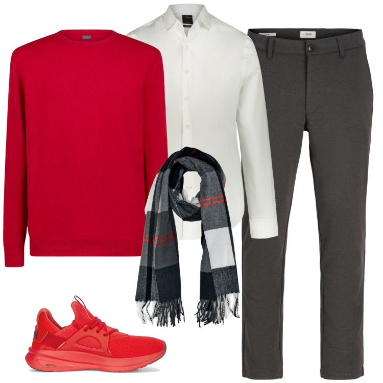 Outfit uomo - In rosso. Stile Casual per Tutti i giorni. Abbinamento con pantaloni chino, camicie, maglieria, sciarpe, sneakers.
