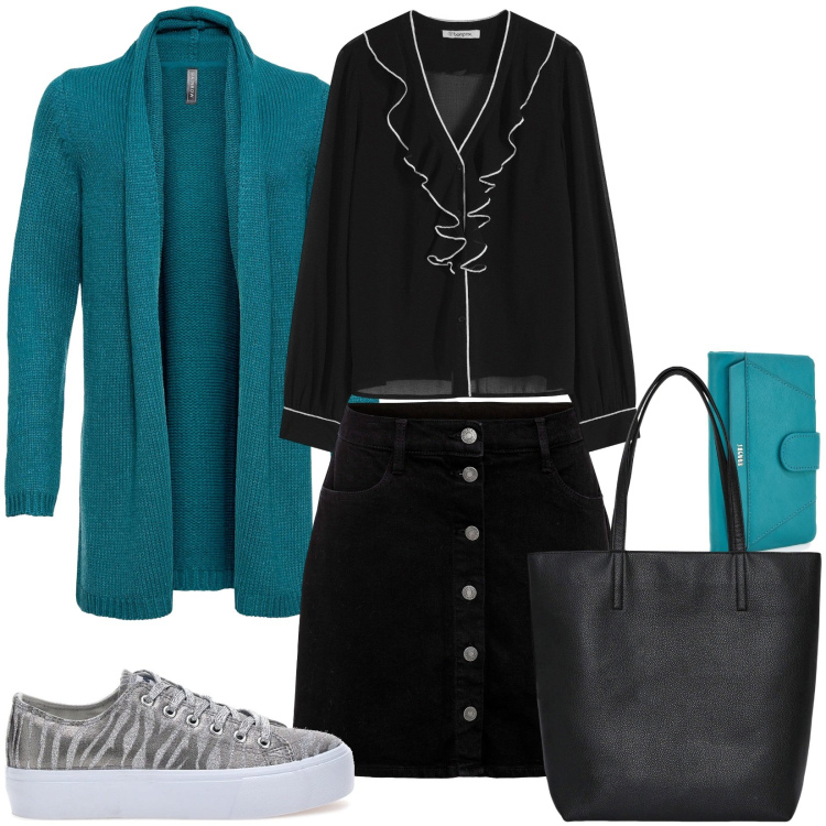 Outfit donna - Total look #2257544. Stile Casual per Tutti i giorni. Abbinamento con cardigans, camicie, gonne, borse tote, portafogli, sneakers.