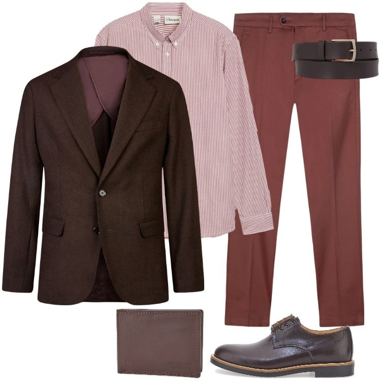 Outfit uomo - Total look #2257545. Stile Casual per Ufficio. Abbinamento con camicie, giacche, portafogli, pantaloni chino, scarpe stringate, cinture.