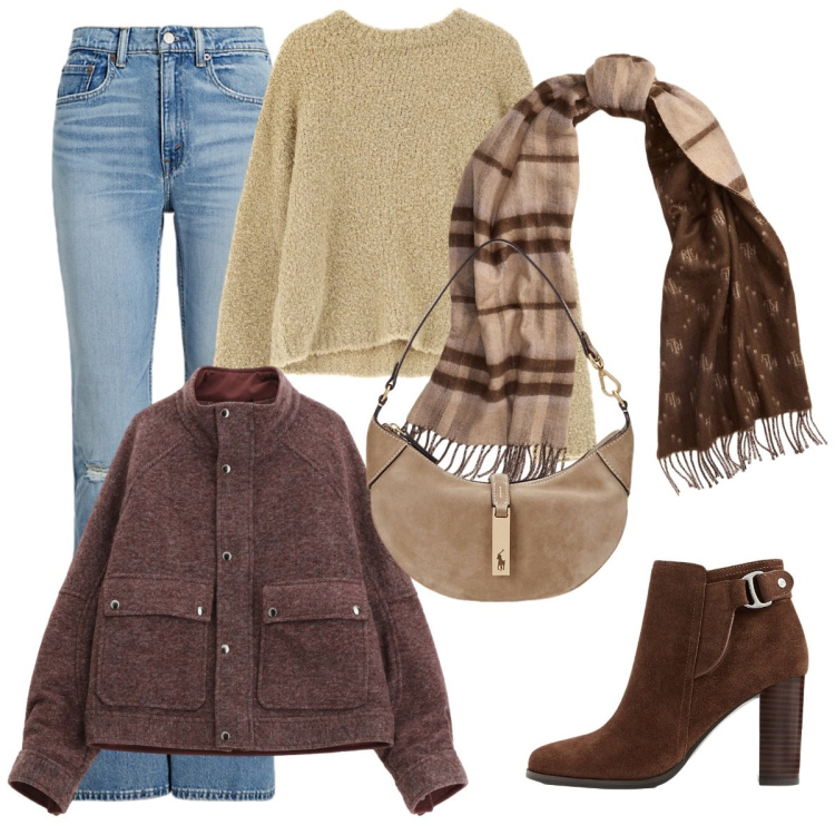 Outfit donna - Casual chic autunnale. Stile Casual chic per Tutti i giorni. Abbinamento con caban, pullovers, jeans, borse a spalla, stivaletti, sciarpe.