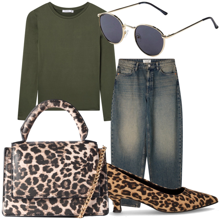 Outfit donna - Ottanio e animalier. Stile Casual chic per Tutti i giorni. Abbinamento con occhiali da sole, t-shirt, borse a tracolla, jeans, décolleté.