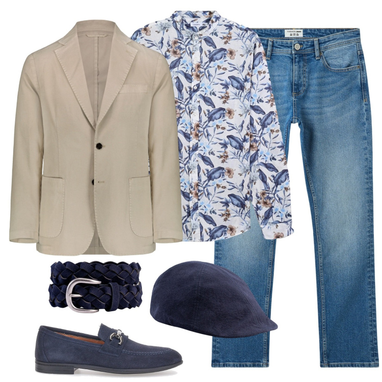 Outfit uomo - Una serata trendy. Stile Trendy per Serata speciale. Abbinamento con jeans, camicie, giacche, cinture, cappelli con visiera, scarpe stringate.