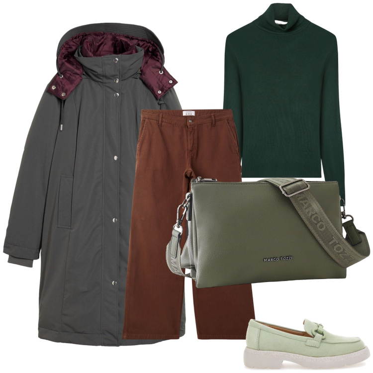 Outfit donna - Tonalità di verde in città. Stile Trendy per Tutti i giorni. Abbinamento con cappotti, borse a tracolla, pantaloni, maglieria, mocassini.