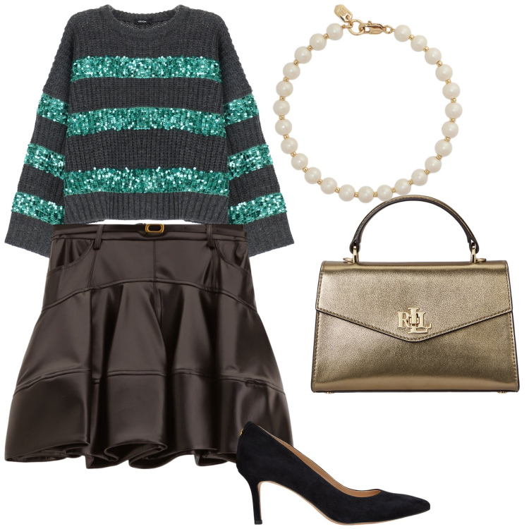 Outfit donna - Serata a righe ottanio. Stile Chic per Serata fuori. Abbinamento con minigonne, maglieria, braccialetti, borse a mano, décolleté.