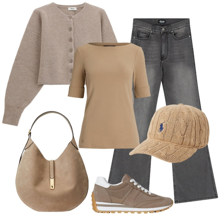 Outfit donna - Aperitivo con le mie amiche. Stile Casual chic per Tutti i giorni. Abbinamento con jeans a zampa, cardigans, borse a spalla, t-shirt, cappelli, sneakers.