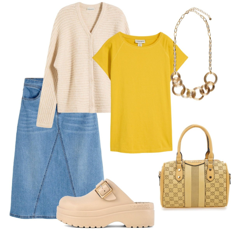 Outfit donna - Di giorno comoda. Stile Casual chic per Tutti i giorni. Abbinamento con gonne, cardigans, t-shirt, borse a spalla, collane, sandali.