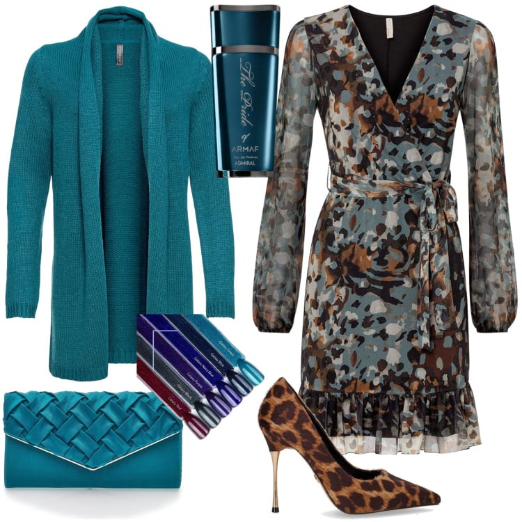 Outfit donna - Total look #2257562. Stile Chic per Tutti i giorni. Abbinamento con vestiti corti, cardigans, profumi, smalti, borse a tracolla, décolleté.