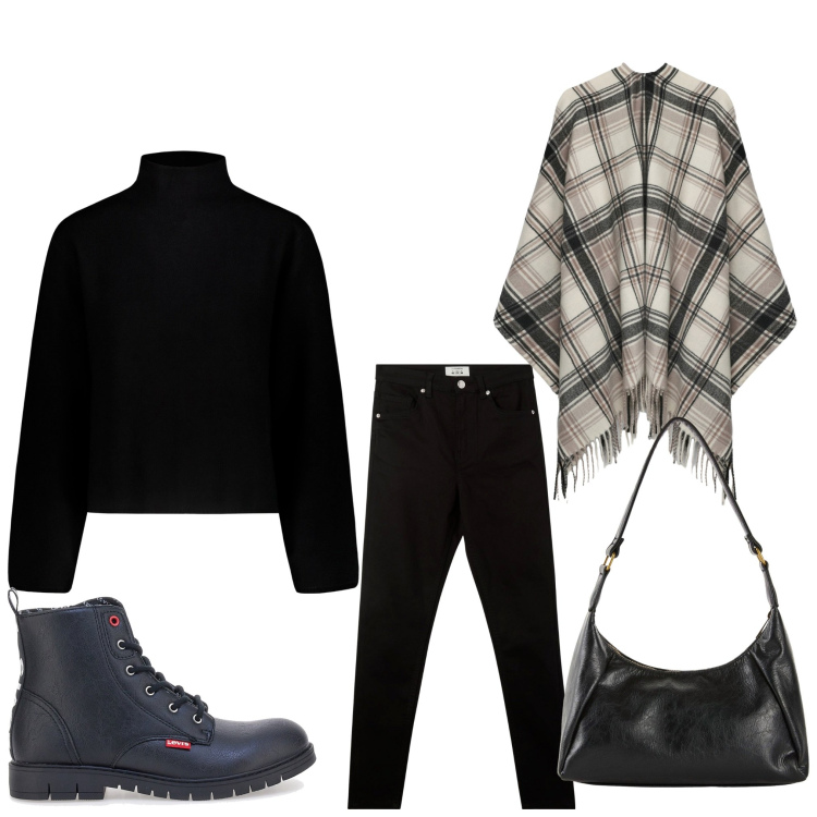 Outfit donna - Al calduccio. Stile Casual per Tutti i giorni. Abbinamento con borse a mano, pantaloni skinny, cappotti, anfibi, maglieria.