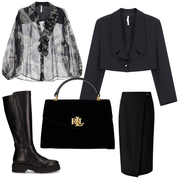 Outfit donna - Stivali chic. Stile Chic per Ufficio. Abbinamento con gonne, blazer, camicie, borse a mano, stivali.