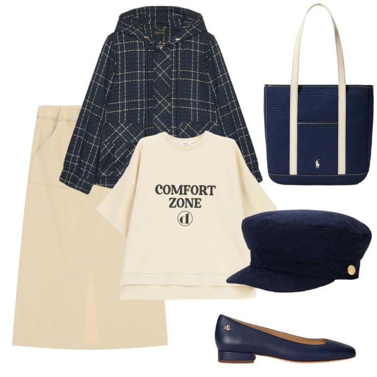 Outfit donna - Giovanile. Stile Basic per Tutti i giorni. Abbinamento con t-shirt, gonne lunghe, ballerine, berretti, borse tote, blazer.