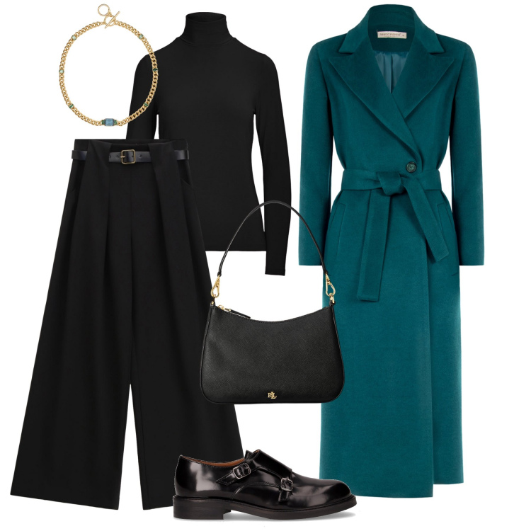 Outfit donna - Il cappotto ottanio. Stile Mannish per Tutti i giorni. Abbinamento con cappotti, pantaloni a palazzo, top, borse a spalla, collane, mocassini.