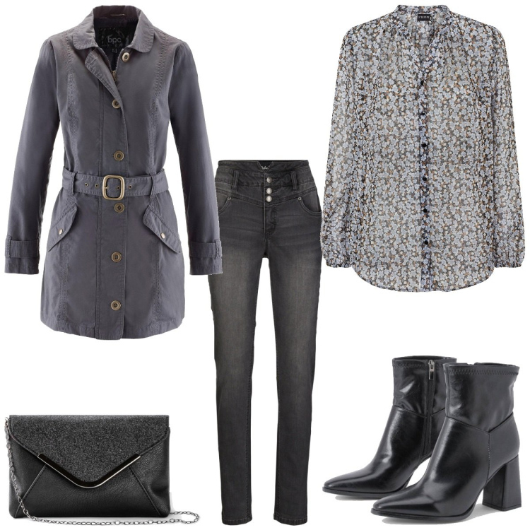 Outfit femme - Le gris. Style Basique pour Tous les jours. Assortir avec imperméable, jean slim, pochette, chemisiers, bottines.