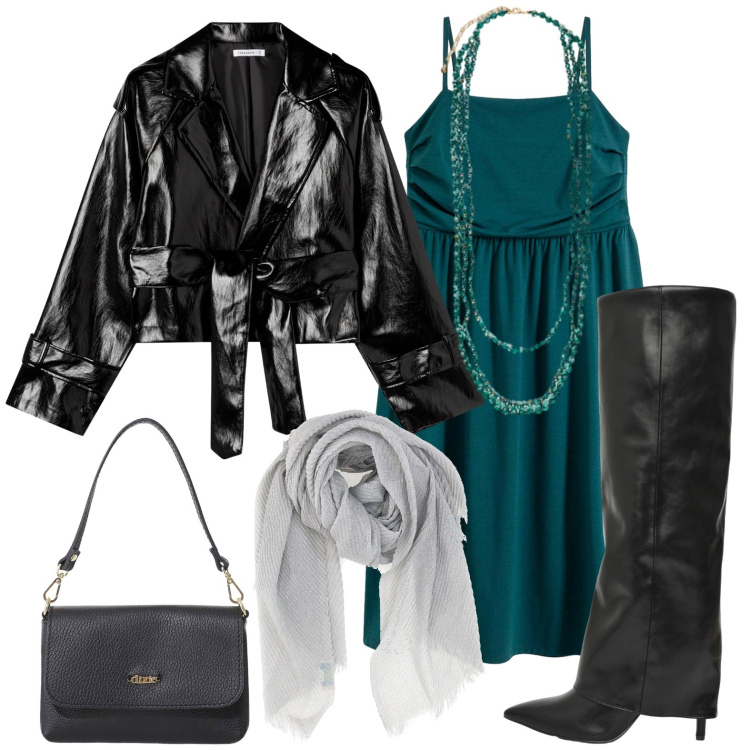 Outfit donna - Ottanio Power. Stile Glamour per Serata fuori. Abbinamento con vestiti, stivali, giacche, borse a tracolla, collane, foulard.
