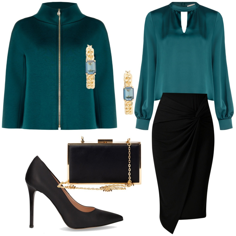Outfit donna - Ottanio Power. Stile Chic per Serata fuori. Abbinamento con bluse, pochette, gonne, cappe, orecchini, décolleté.