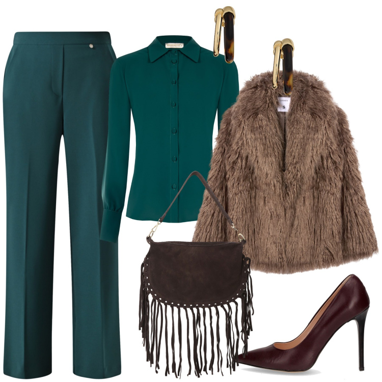 Outfit donna - Ottanio, bordeaux e marrone. Stile Glamour per Serata fuori. Abbinamento con ecopellicce, pantaloni, camicie, borse a tracolla, orecchini, décolleté.