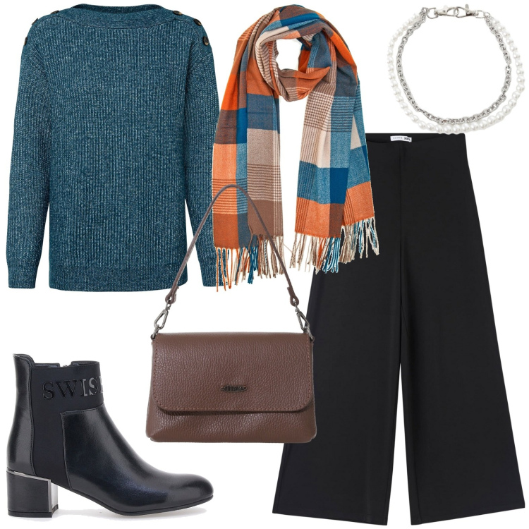 Outfit donna - Ottanio mix. Stile Casual chic per Ufficio. Abbinamento con maglieria, pantaloni culotte, borse a tracolla, braccialetti, sciarpe, stivaletti.
