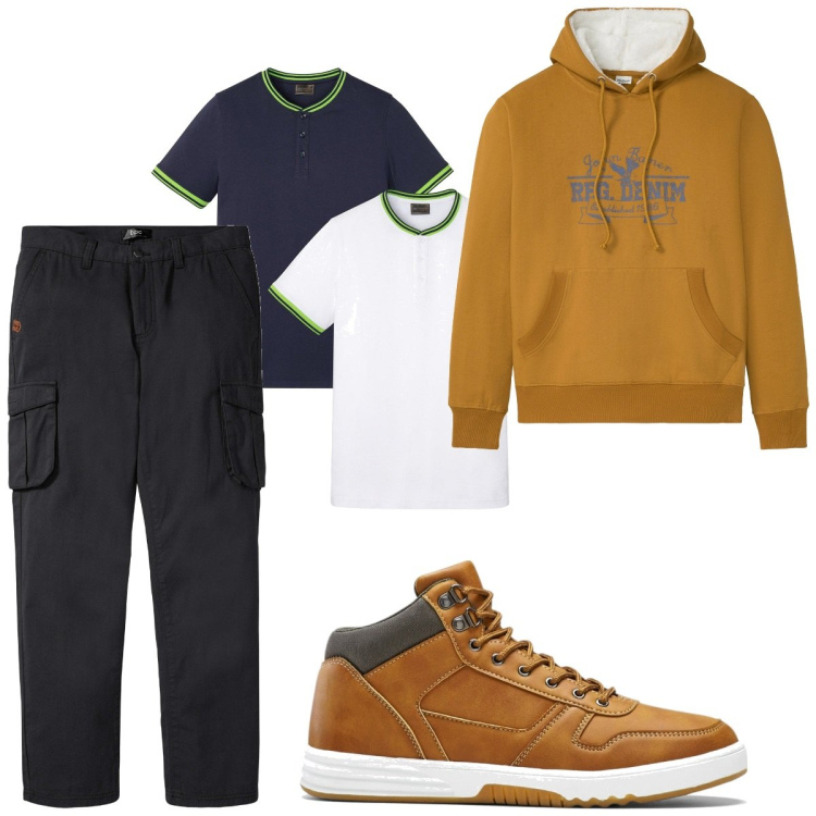 Outfit homme - Urban #4741. Style Urban pour Tous les jours. Assortir avec sweats à capuche, pantalon cargo, t-shirts, sneakers hautes.