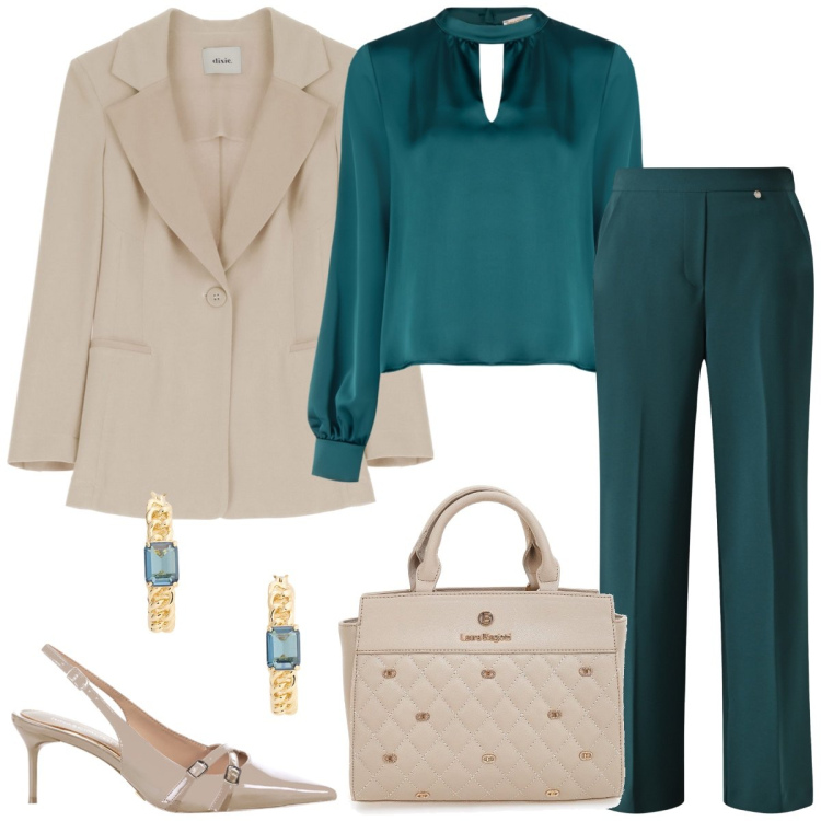 Outfit donna - Total look #2257598. Stile Chic per Ufficio. Abbinamento con bluse, décolleté, pantaloni, blazer, orecchini, borse a mano.