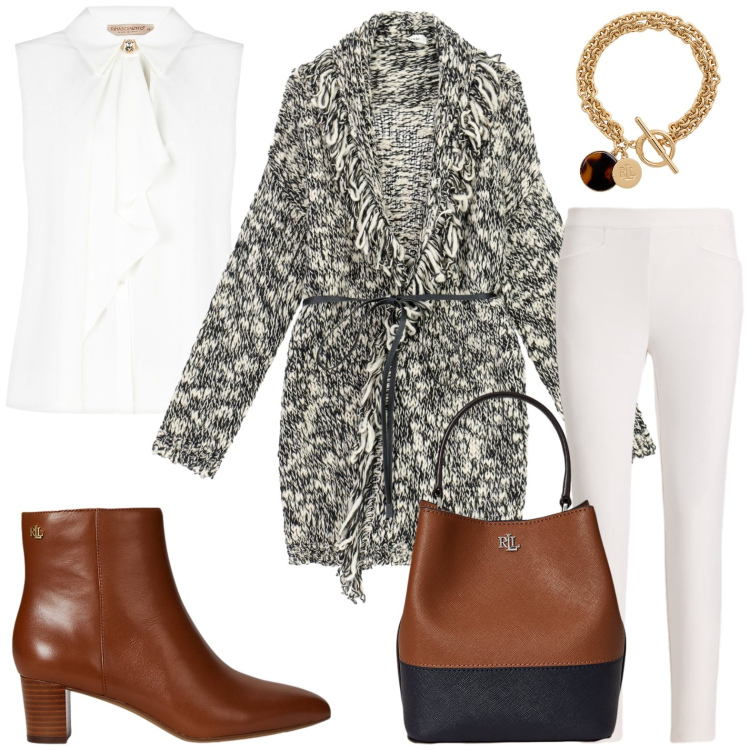 Outfit donna - Maglioni avvolgenti. Stile Minimal per Tutti i giorni. Abbinamento con top, cardigans, stivaletti, braccialetti con ciondoli, pantaloni, borse a secchiello.