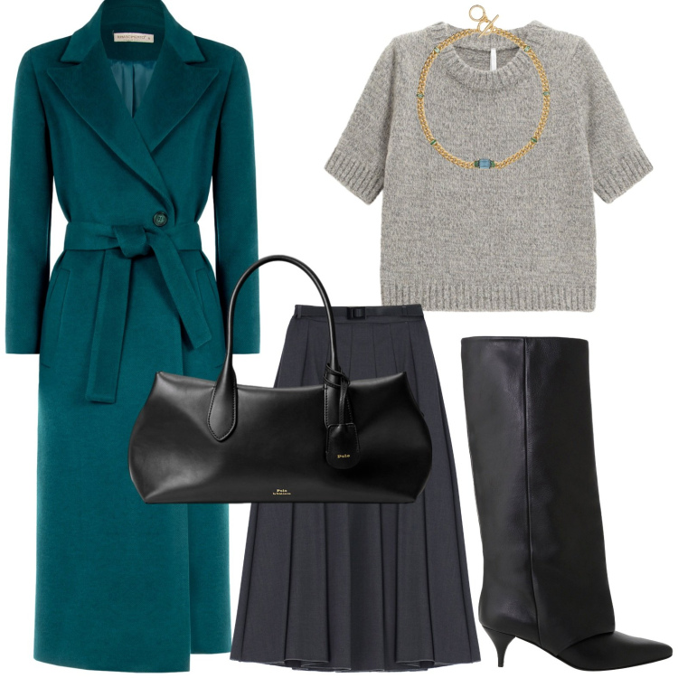 Outfit donna - Ottanio Power. Stile Minimal per Ufficio. Abbinamento con cappotti, maglieria, gonne longuette, stivali, borse a mano, collane.