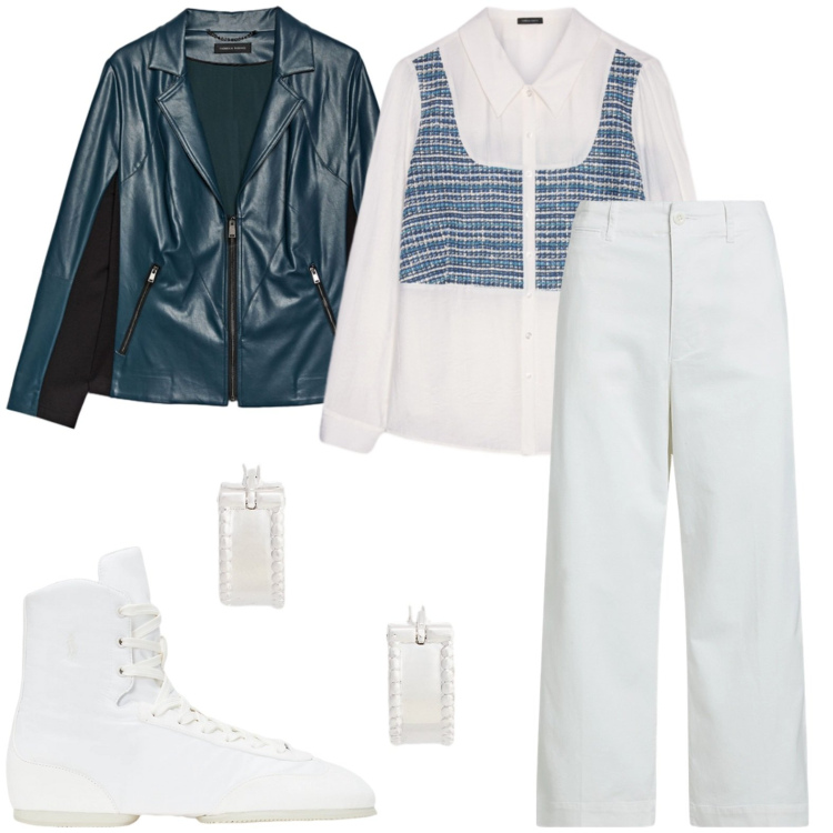 Outfit donna - Bianco e ottanio. Stile Casual per Scuola/Università. Abbinamento con ballerine, orecchini, pantaloni, giacche, camicie.