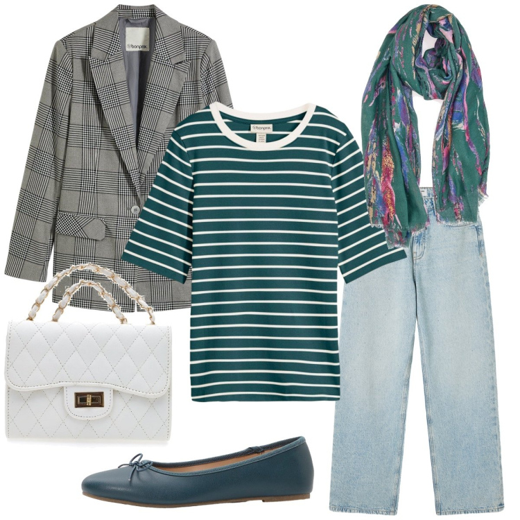 Outfit donna - Ottanio power. Stile Trendy per Tutti i giorni. Abbinamento con blazer, t-shirt, ballerine, jeans, foulard, borse a tracolla.