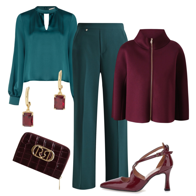 Outfit donna - Ottanio e bordeaux a cena. Stile Chic per Serata fuori. Abbinamento con bluse, pantaloni, portafogli, cappe, orecchini, décolleté.