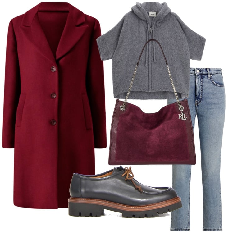 Outfit donna - Autunno in rosso. Stile Minimal per Tutti i giorni. Abbinamento con cappotti, cardigans, jeans dritti, borse tote, mocassini.