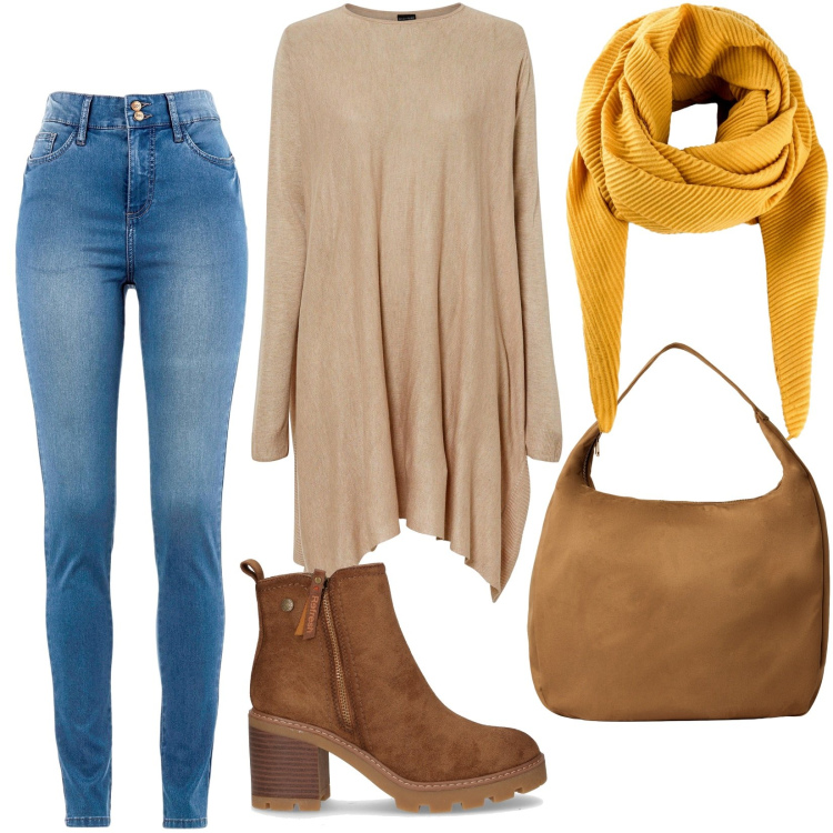 Outfit donna - Total look #2257613. Stile Casual per Tutti i giorni. Abbinamento con maglieria, jeans slim fit, foulard, borse a mano, stivaletti.